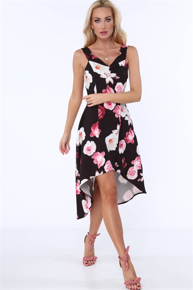 Çiçek Desenli Kalın Askılı Asimetrik Mini Elbise