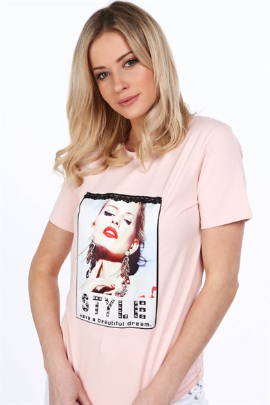 Dantel Detaylı Aplikeli Kadın Tişört