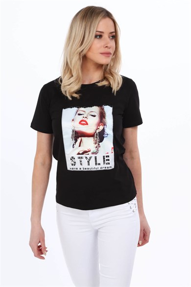 Dantel Detaylı Aplikeli Kadın Tişört