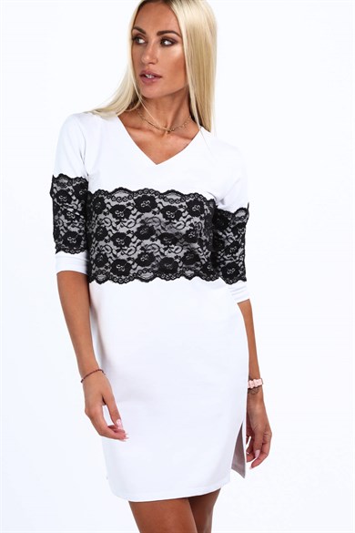 Dantel Detaylı V Yaka Yırtmaçlı Mini Elbise
