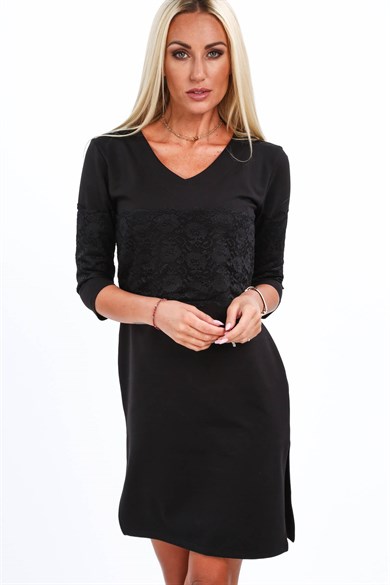Dantel Detaylı V Yaka Yırtmaçlı Mini Elbise