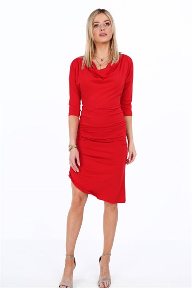 Degaje Yaka Yanı Büzgülü Midi Elbise