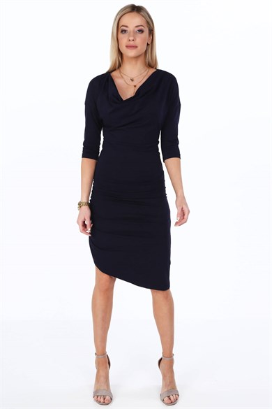 Degaje Yaka Yanı Büzgülü Midi Elbise