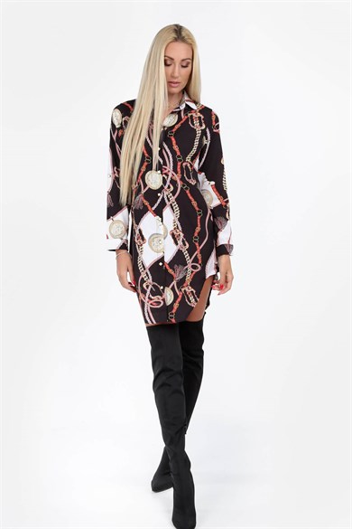 Dijital Baskılı Asimetrik Mini Gömlek Elbise