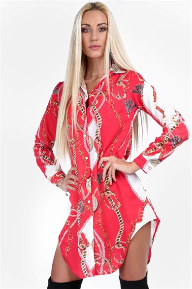 Dijital Baskılı Asimetrik Mini Gömlek Elbise