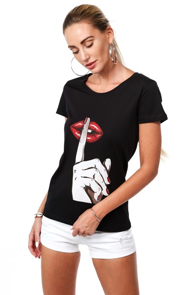 Dijital Baskılı Bisiklet Yaka Kadın Tişört