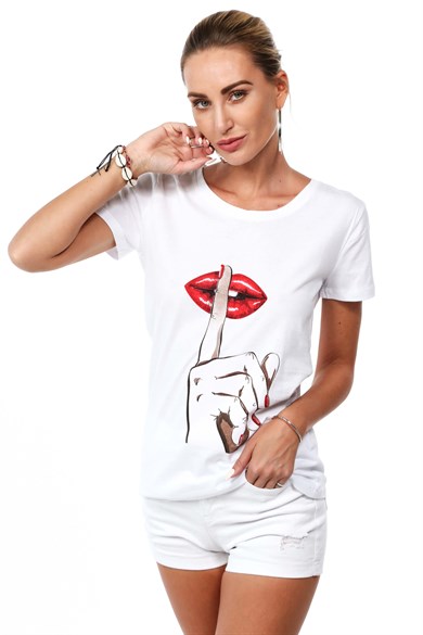 Dijital Baskılı Bisiklet Yaka Kadın Tişört