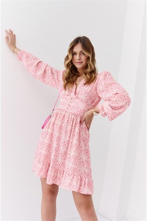 Düğme Detaylı Desenli Mini Elbise