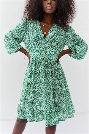 Düğme Detaylı Desenli Mini Elbise