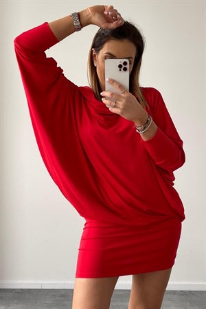 Efsane Kesim Kapüşon Detaylı Yarasa Kol Rahat Mini Elbise