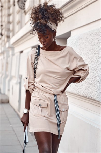 Elastik Belli Cep ve Bağcık Detaylı Elbise Tunik