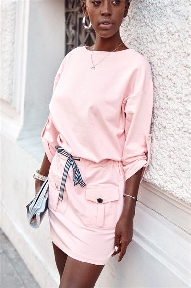 Elastik Belli Cep ve Bağcık Detaylı Elbise Tunik