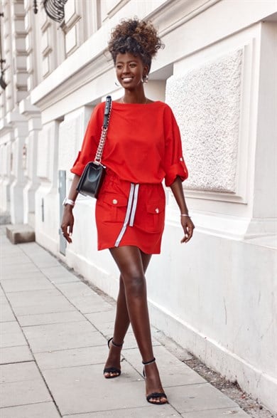 Elastik Belli Cep ve Bağcık Detaylı Elbise Tunik