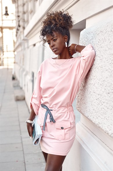 Elastik Belli Cep ve Bağcık Detaylı Elbise Tunik