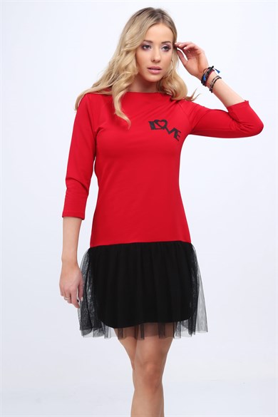 Eteği Tüllü Love Baskılı Mini Elbise