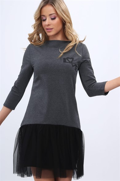 Eteği Tüllü Love Baskılı Mini Elbise