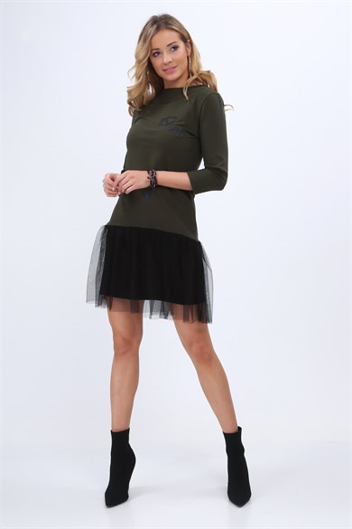 Eteği Tüllü Love Baskılı Mini Elbise