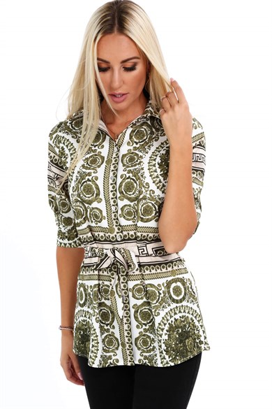 Etnik Desenli Bel Detaylı Kadın Gömlek