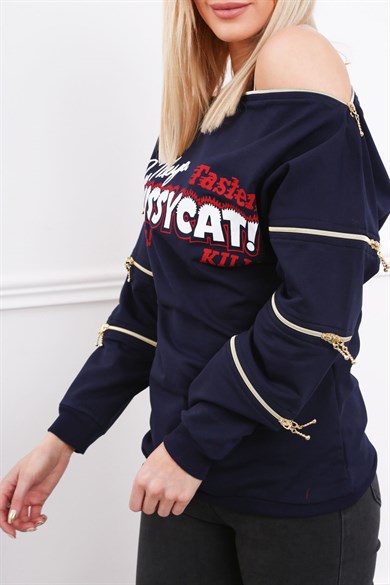 Fermuar Detaylı Baskılı Kadın Sweatshirt