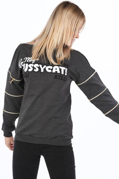 Fermuar Detaylı Baskılı Kadın Sweatshirt