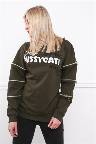 Fermuar Detaylı Baskılı Kadın Sweatshirt