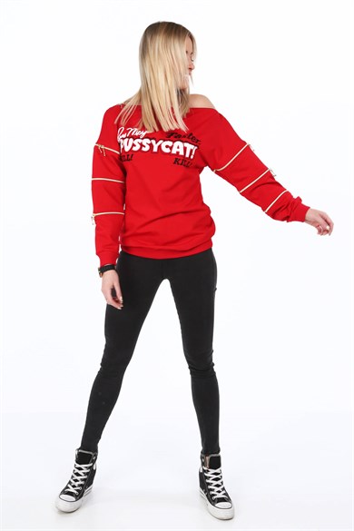 Fermuar Detaylı Baskılı Kadın Sweatshirt