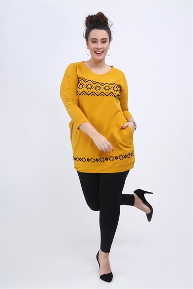 Flok Baskılı V Yaka Büyük Beden Tunik