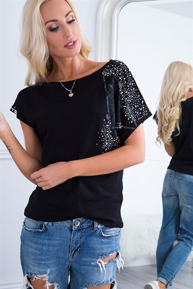 İnci İşlemeli Baskılı Bluz