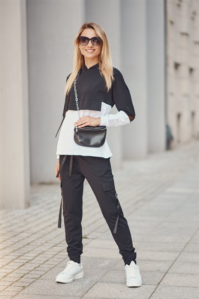 Kapüşonlu Kolları Tül Detaylı Kadın Eşofman Takımı