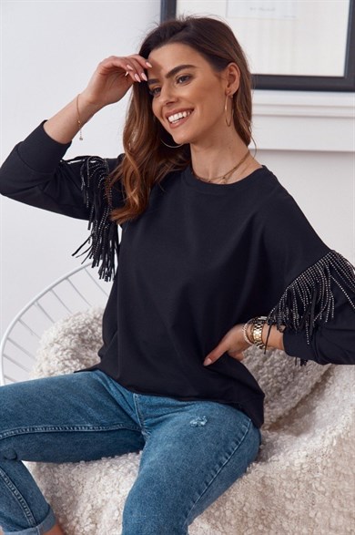 Kolları Saçaklı Oversize Kadın Sweatshirt