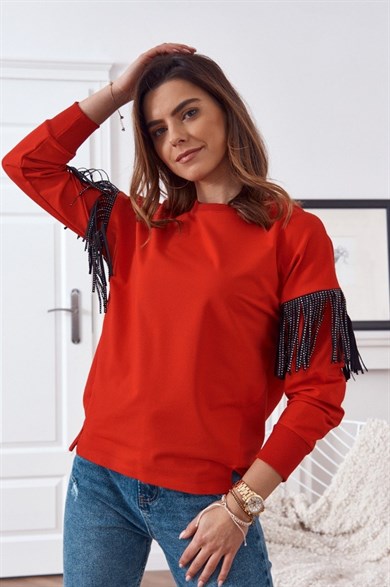 Kolları Saçaklı Oversize Kadın Sweatshirt