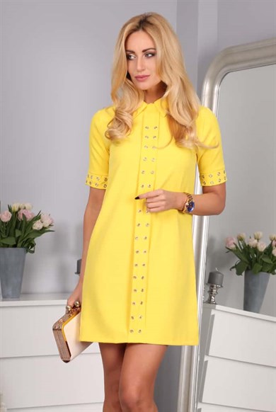 Kuşgözü Detaylı Gömlek Yaka Mini Elbise