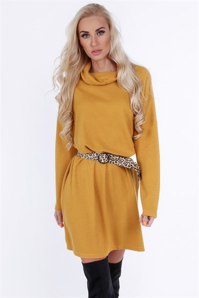 Leopar Kemerli Geniş Balıkçı Yaka Mini Elbise