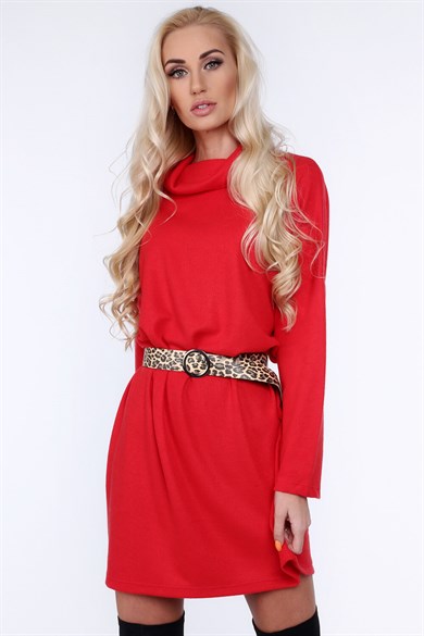 Leopar Kemerli Geniş Balıkçı Yaka Mini Elbise