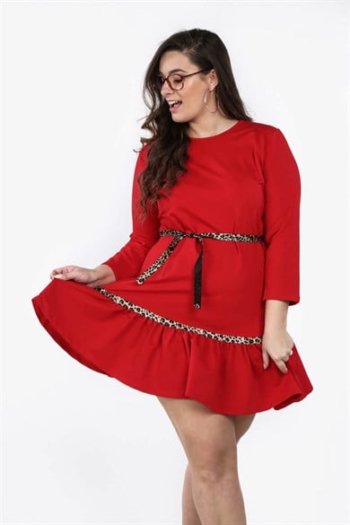 Leopar Şeritli Büyük Beden Mini Elbise