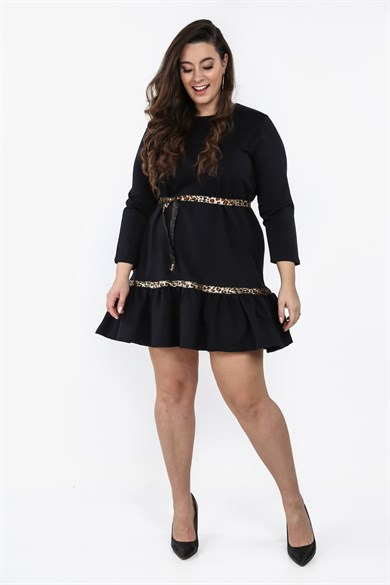 Leopar Şeritli Büyük Beden Mini Elbise