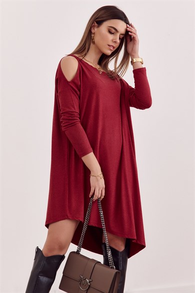 Omuz Dekolteli Asimetrik Oversize Midi Elbise