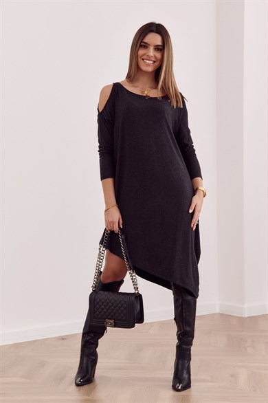 Omuz Dekolteli Asimetrik Oversize Midi Elbise