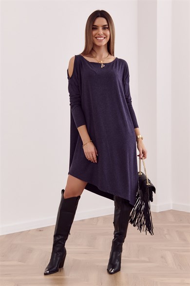 Omuz Dekolteli Asimetrik Oversize Midi Elbise