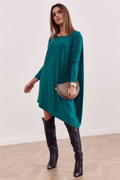 Omuz Dekolteli Asimetrik Oversize Midi Elbise