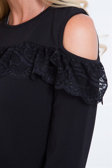 Omuz Dekolteli Dantel Detaylı Mini Elbise