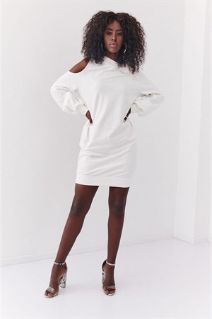 Omuz Dekolte Bağcık Detay Manşetli Rahat Elbise