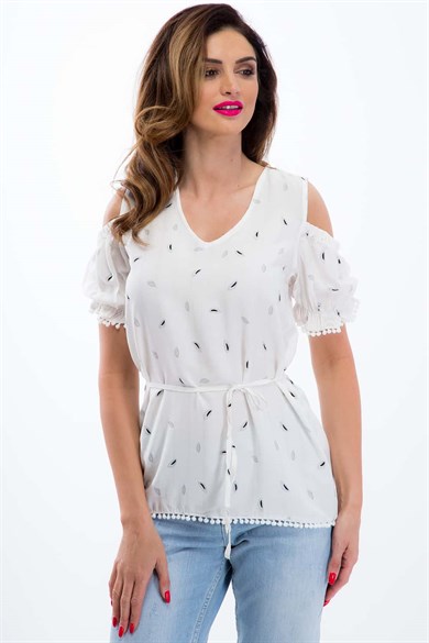 Omuz Dekolteli Kemerli Baskılı Bluz