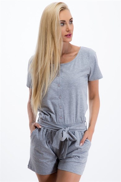 Önü Düğmeli Bisiklet Yaka Şortlu Tulum