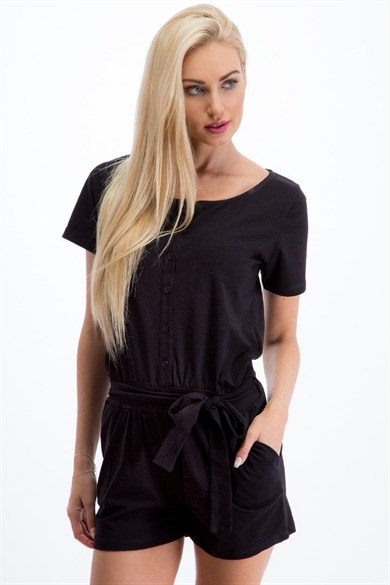 Önü Düğmeli Bisiklet Yaka Şortlu Tulum