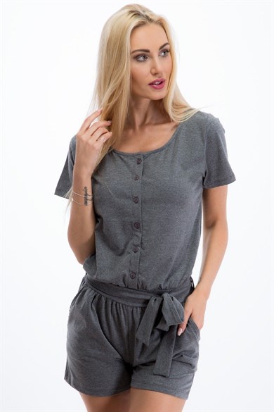 Önü Düğmeli Bisiklet Yaka Şortlu Tulum