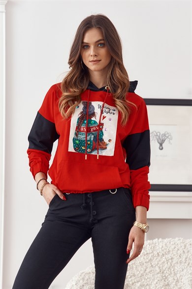 Pano Baskılı Kapüşonlu Kadın Sweatshirt