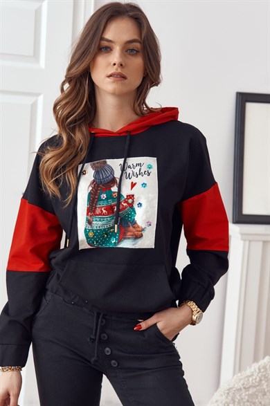 Pano Baskılı Kapüşonlu Kadın Sweatshirt