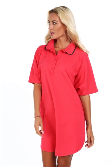 Simli Biye Detaylı Polo Yaka Mini Elbise