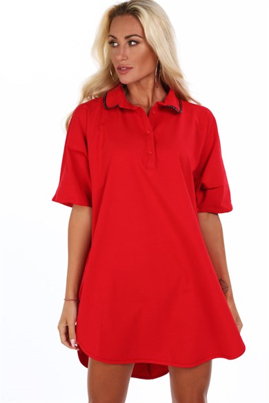 Simli Biye Detaylı Polo Yaka Mini Elbise